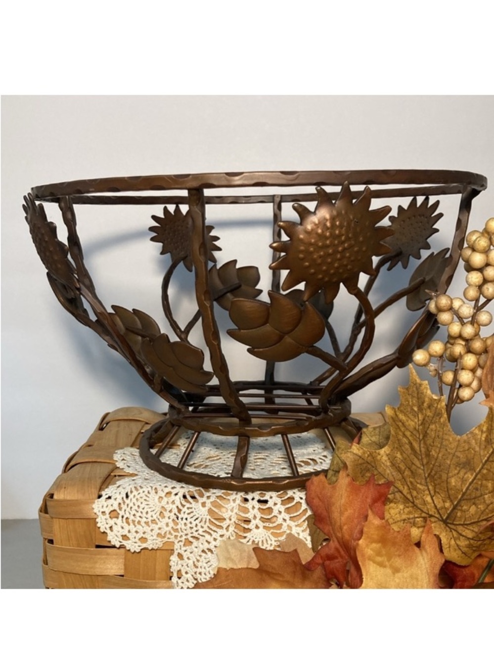 Autumn Harvest Leaves And Sunflowers Decorative Wrought Metal Bowl